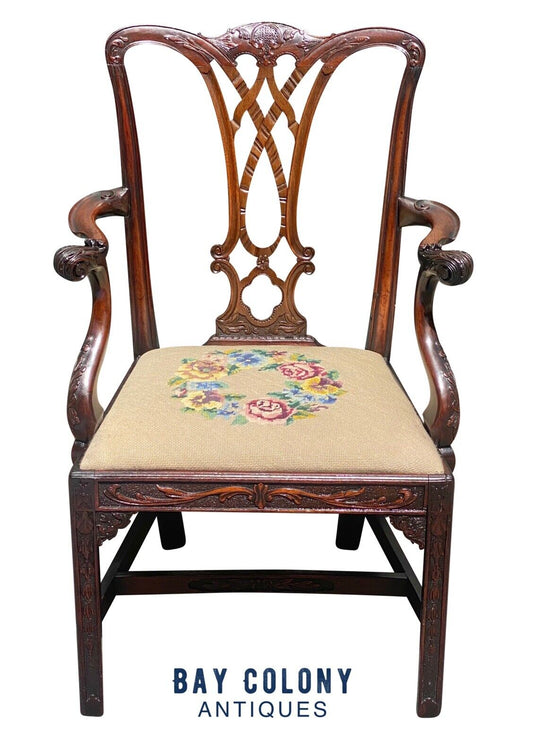 19th C Antique Chippendale Style Carved Mahogany Desk Chair W/ Needlepoint Seat