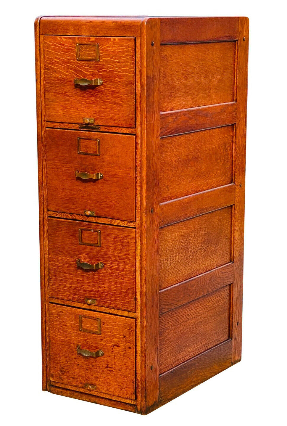 20TH C ANTIQUE ARTS & CRAFTS LIBRARY BUREAU 4 DRAWER TIGER OAK FILE CABINET