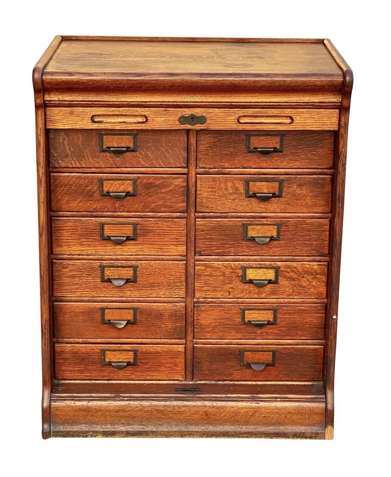19TH C ANTIQUE TIGER OAK GLOBE 12 DRAWER TAMBOUR OFFICE FILE CABINET