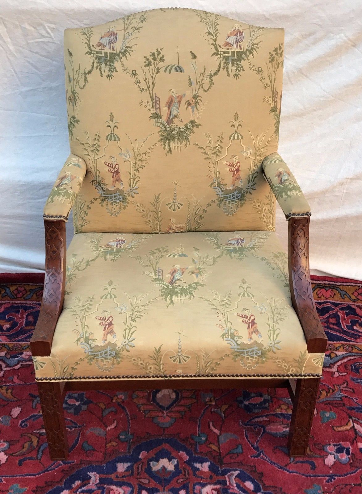 FABULOUS ANTIQUE CHINESE CHIPPENDALE LIBRARY LOLLING CHAIR-MINT GOLD SILK FABRIC