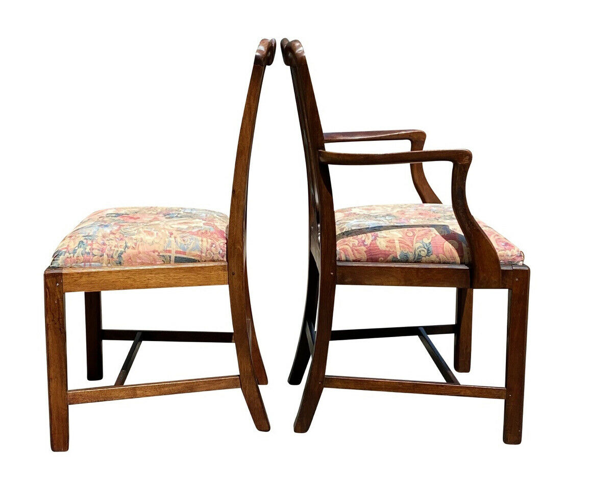19TH C SET OF 8 ANTIQUE MAHOGANY CHIPPENDALE DINING CHAIRS W/ FLORAL SEATS