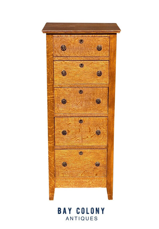 19th C Antique Victorian Tiger Oak 5 Drawer Lingerie Chest / Dresser