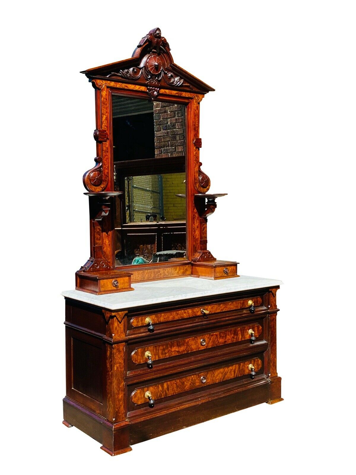 19th C Antique Victorian Walnut Marble Top Dresser ~ Thomas Brooks ~ Nyc