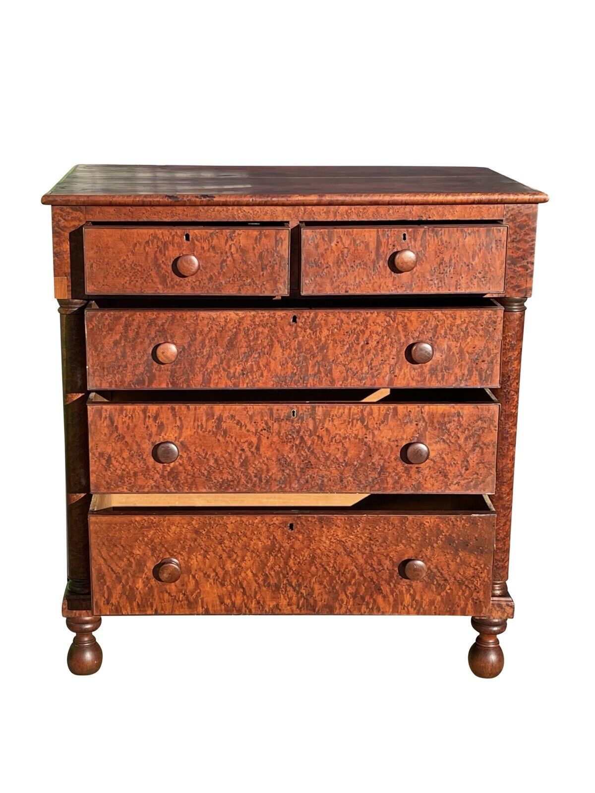 Antique Federal Bird's Eye Maple Chest of Drawers / Dresser on Cannonball Feet