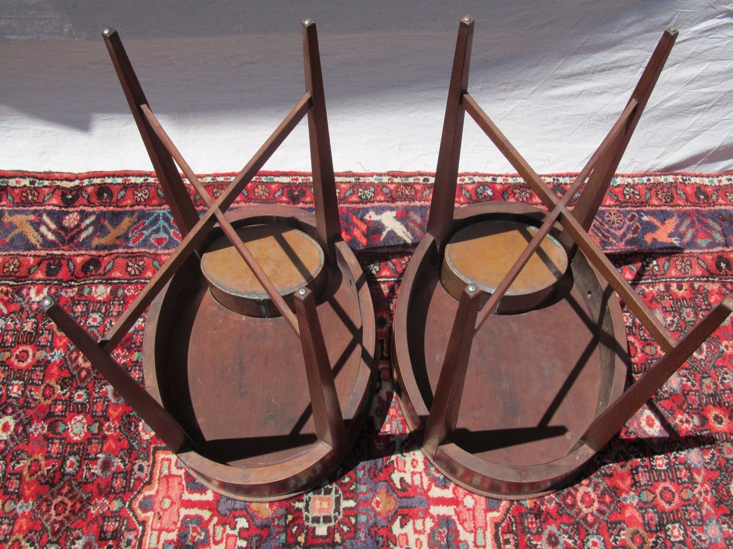 FEDERAL STYLED MAHOGANY PLANTER OVAL FORMED TABLES ON CROSS X STRETCHER BASES