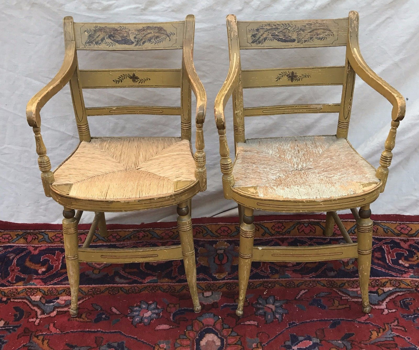 SET OF SIX ANTIQUE SHERATON FANCY CHAIRS IN OLD MUSTARD PAINT