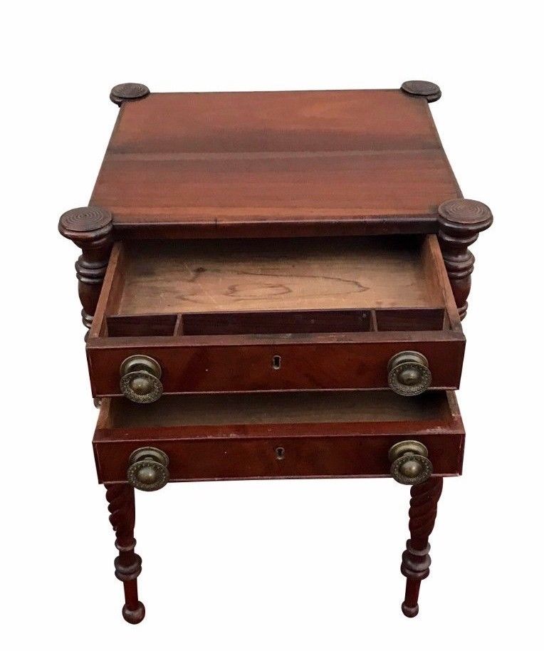 FINE SALEM MASSACHUSETTS SHERATON WORK TABLE WITH TURRET CORNERS & ROPE CARVINGS