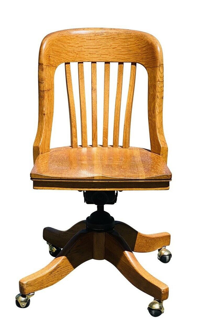 19TH C ANTIQUE VICTORIAN TIGER OAK SWIVEL OFFICE DESK CHAIR