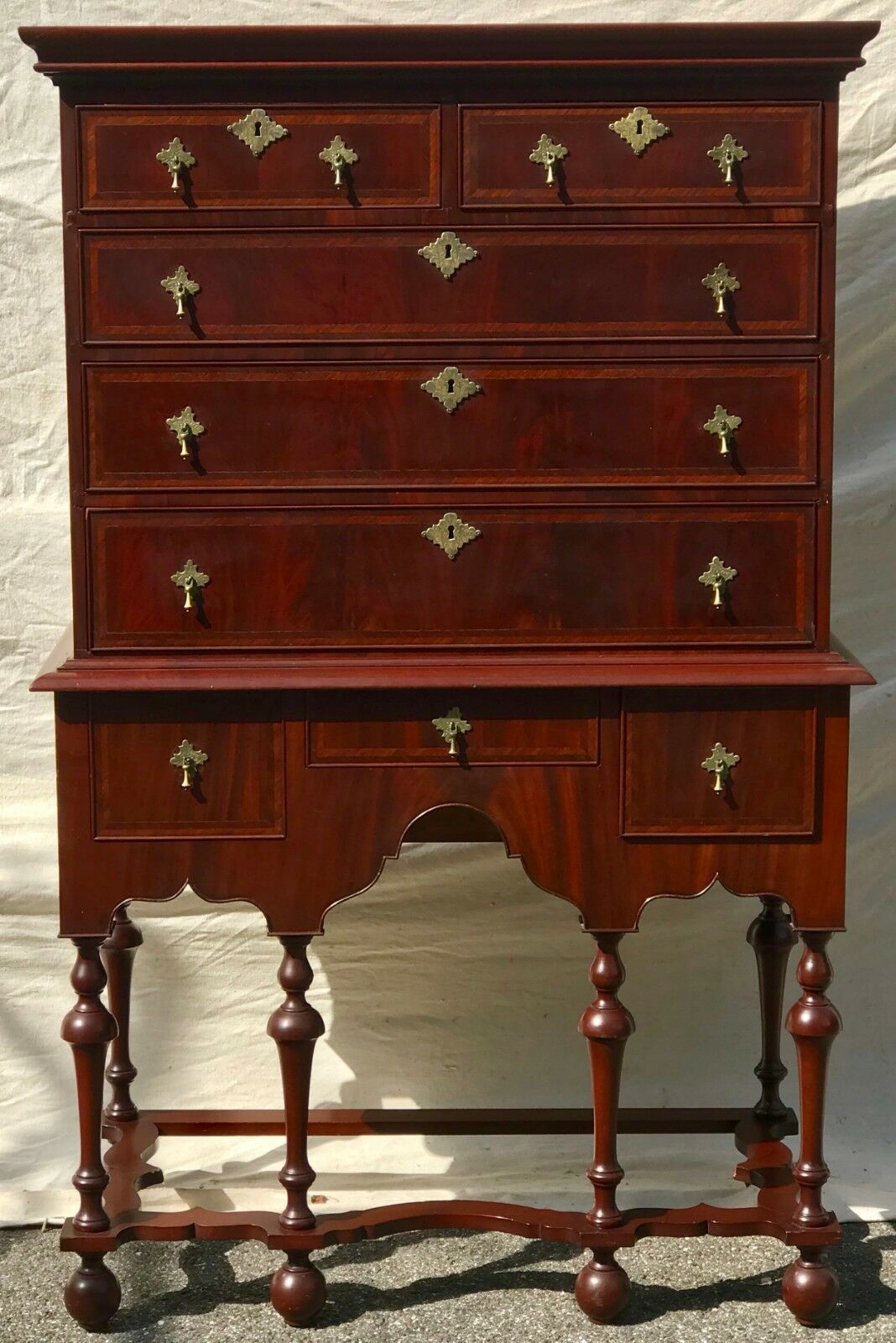18TH C MAHOGANY WILLIAM & MARY HERRINGBONE INLAY ANTIQUE HIGHBOY DRESS –  Bay Colony Antiques