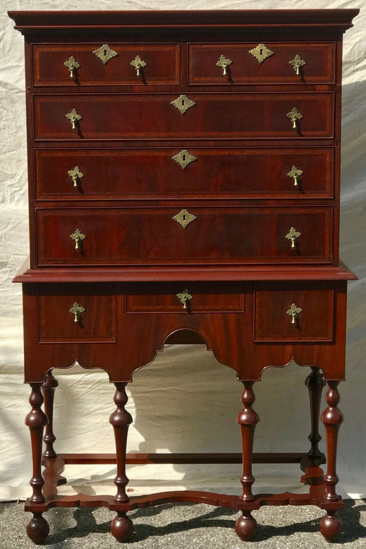 18TH C MAHOGANY WILLIAM & MARY HERRINGBONE INLAY ANTIQUE HIGHBOY DRESSER CHEST