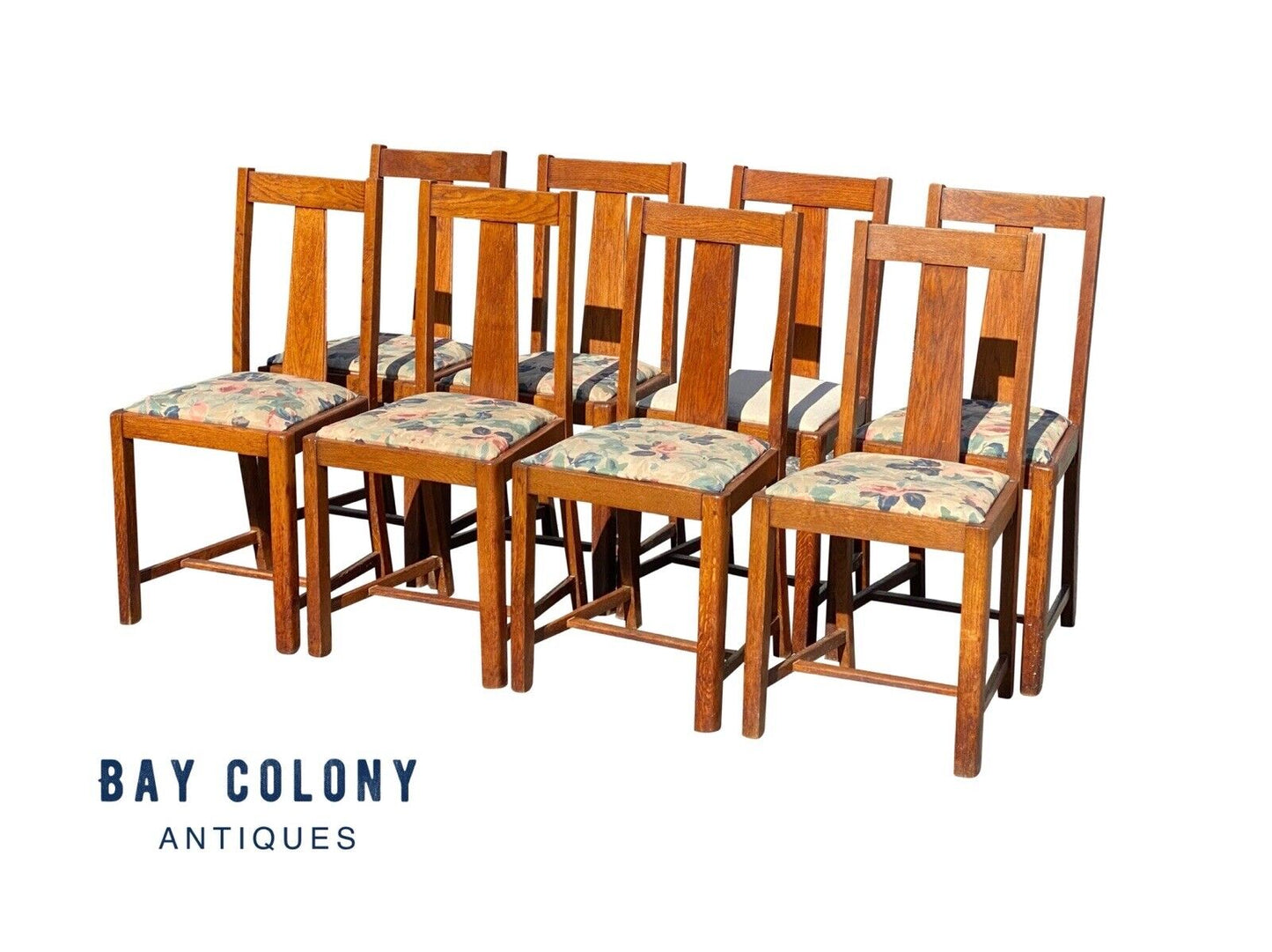 Set of 8 Antique Arts & Crafts Oak Dining Chairs with Tapered Splats