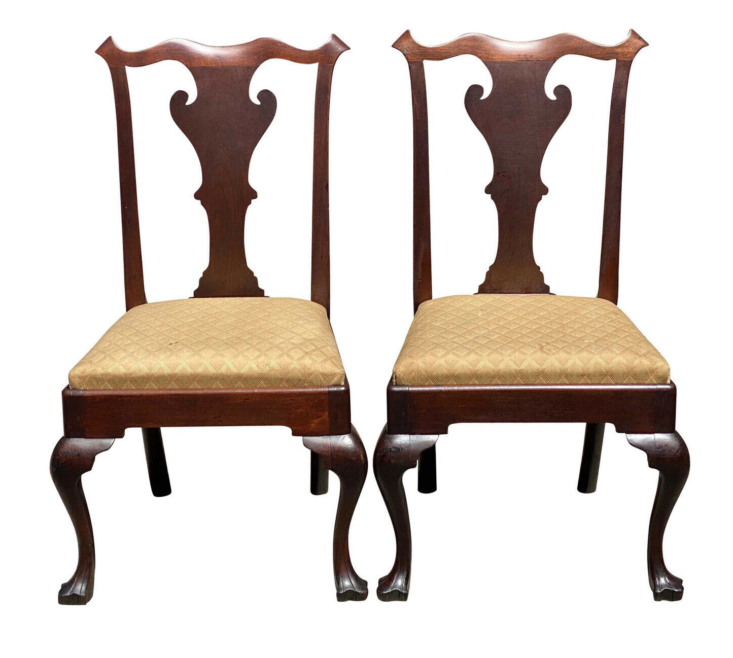 18TH C ANTIQUE PAIR OF PENNSYLVANIA CHIPPENDALE WALNUT TRIFID FOOT SIDE CHAIRS