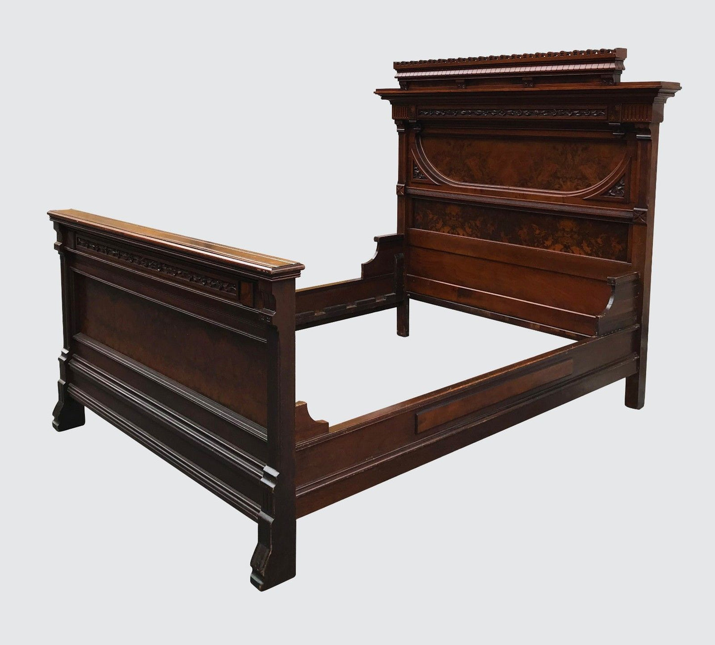 OUTSTANDING BLACK & BURLED WALNUT 2 PC VICTORIAN BEDROOM SET WITH MARBLED TOP