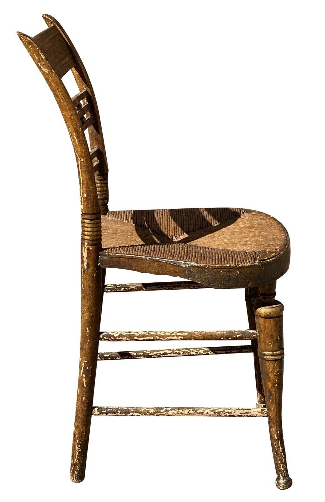 19th C Antique Sheraton Fancy Paint Thumb Back Chair W/ Rush Seat & Greek Key