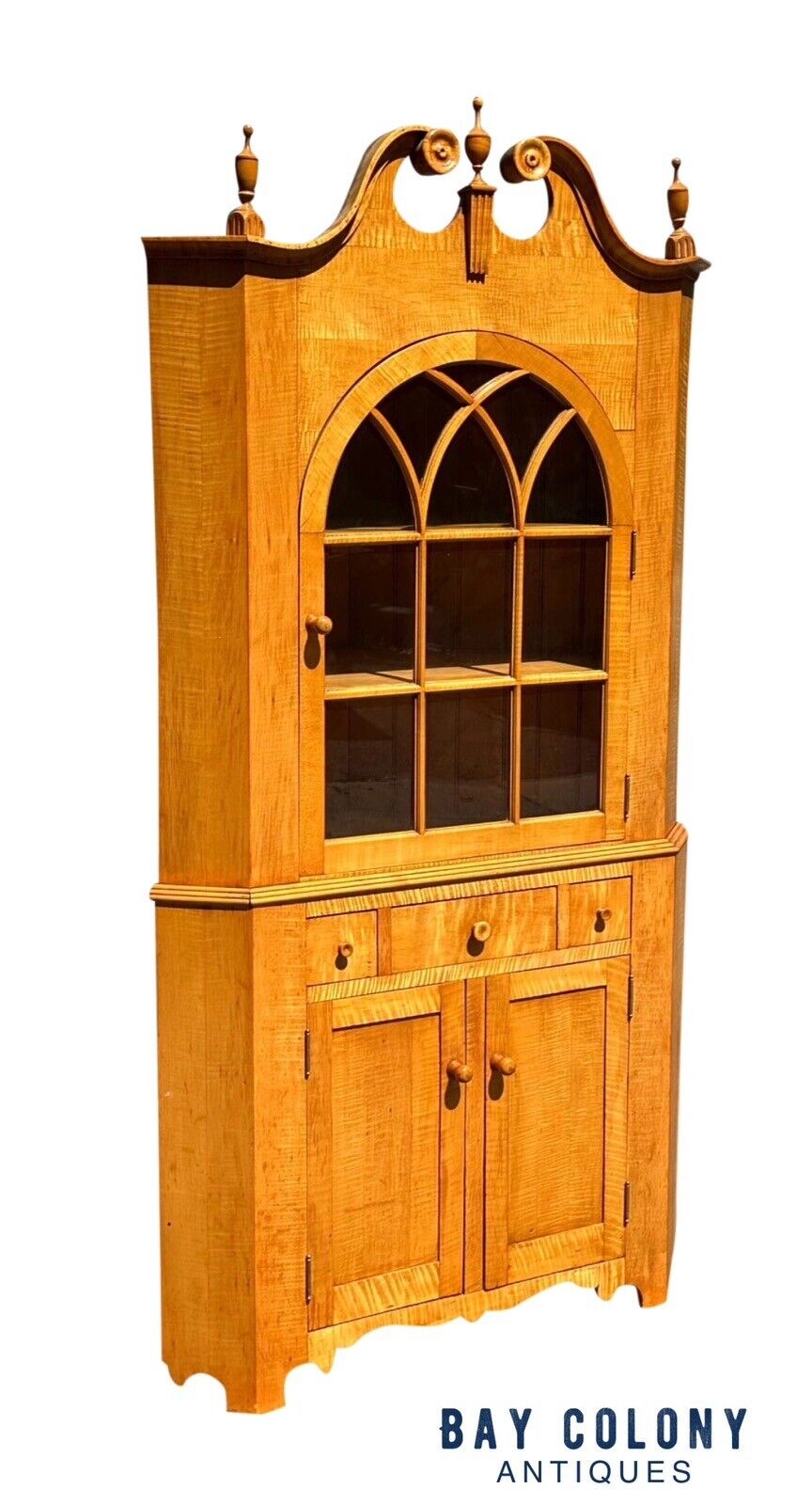 Federal Style Tiger Maple Two Piece Corner Cabinet With Arched Door & Bold Grain