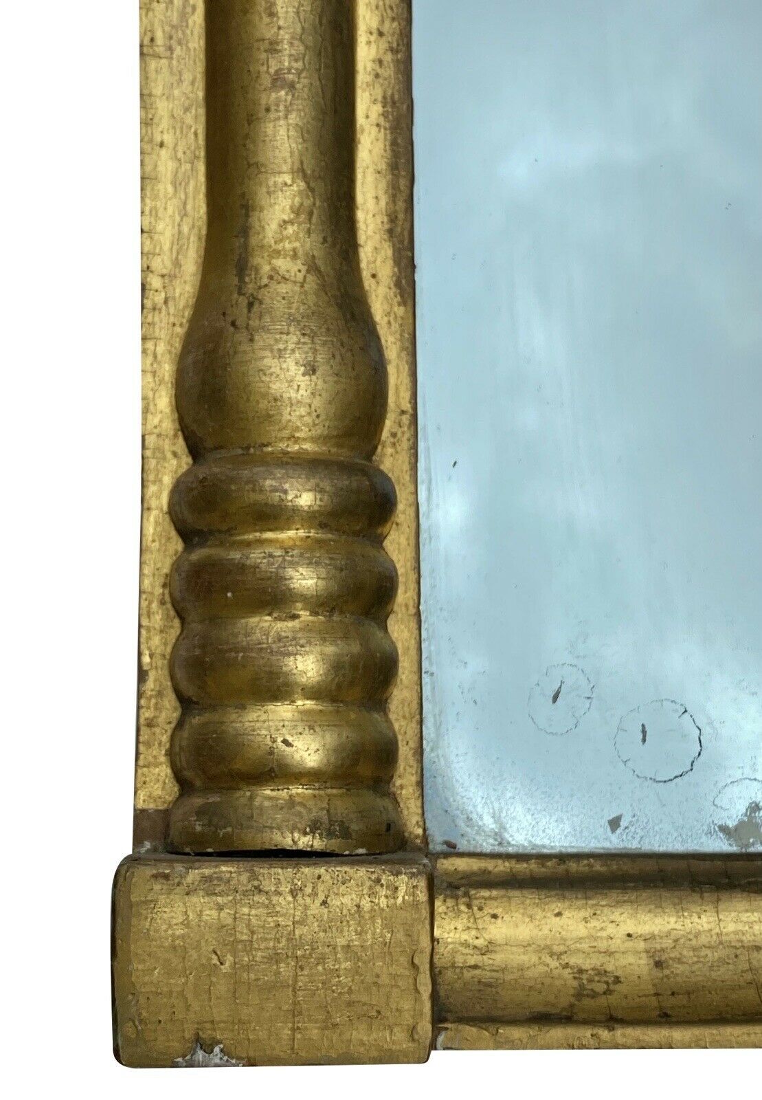 19th C Antique Federal Period Gold Tabernacle Mirror W/ Eglomise Painted Panel