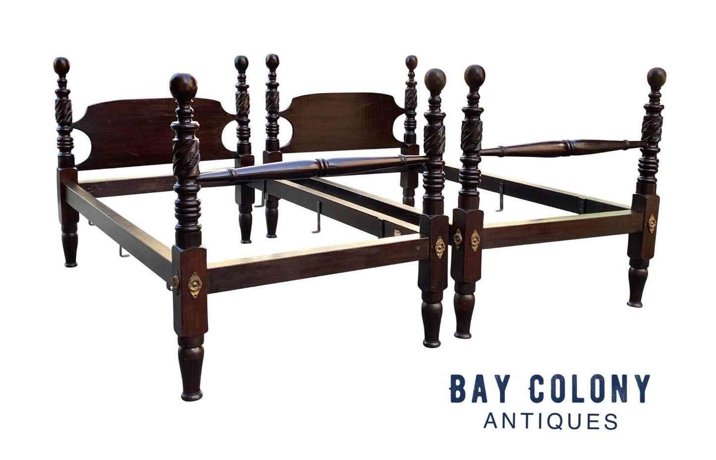 19th C Antique Pair of Twin Size Cannonball Beds W/ Acanthus Leaf Carved Posts