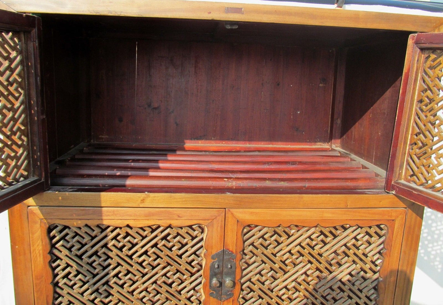 FINE LATE 19TH CENTURY LATTICE WORKED TWO PIECE CHINESE CABINET