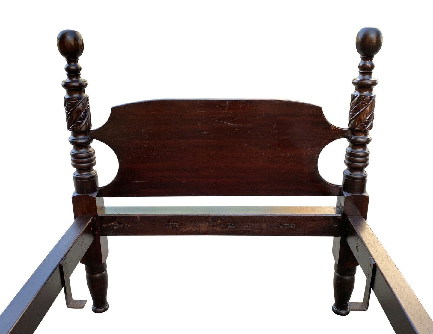 19th C Antique Pair of Twin Size Cannonball Beds W/ Acanthus Leaf Carved Posts