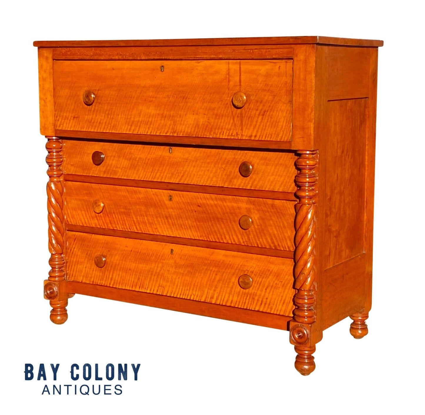 19th C Antique Sheraton Cherry & Tiger Maple Chest of Drawers / Dresser