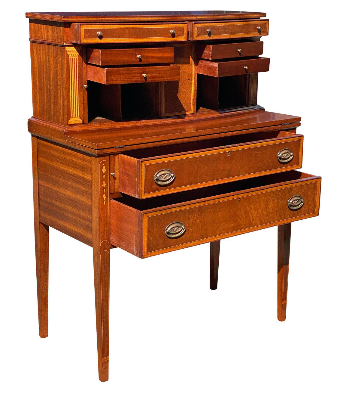 20TH C FEDERAL ANTIQUE STYLE BOSTON MAHOGANY TAMBOUR LADIES SECRETARY DESK