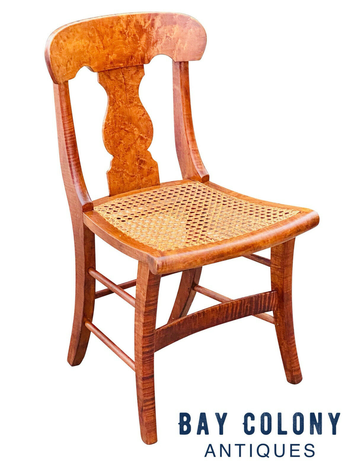 19TH C ANTIQUE TIGER MAPLE & BIRDS EYE MAPLE EMPIRE SABER LEG CHAIR W/ CANE SEAT