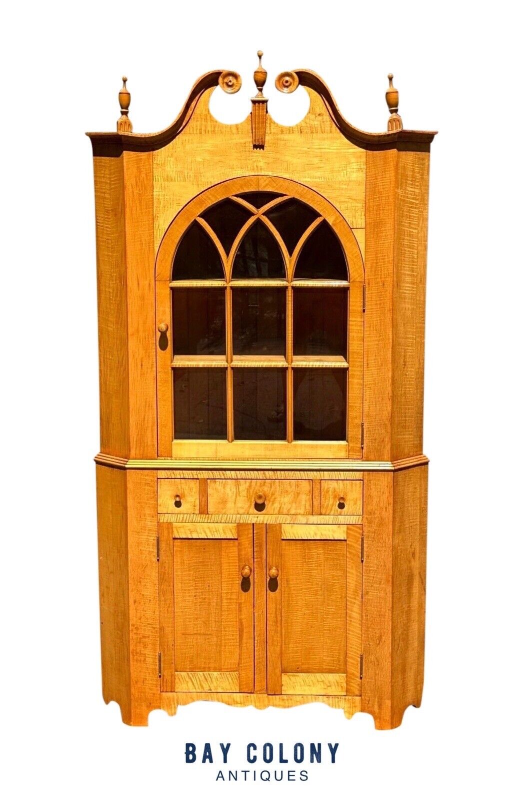 Federal Style Tiger Maple Two Piece Corner Cabinet With Arched Door & Bold Grain
