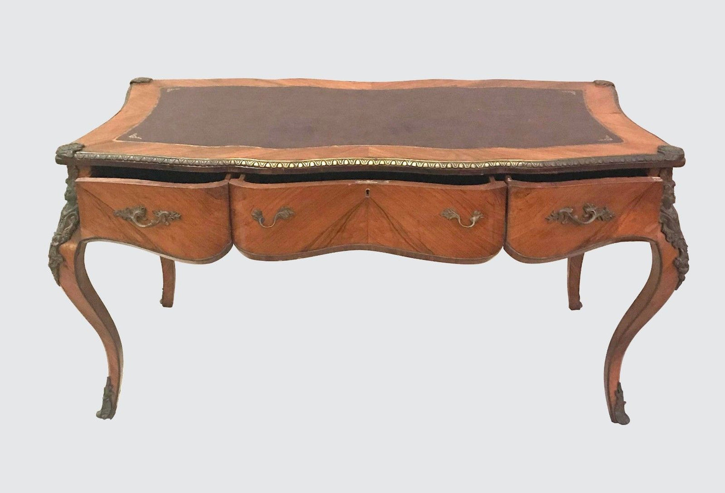 FRENCH LOUIS XV STYLED BUREAU PLAT LEATHER TOPPED WRITING DESK