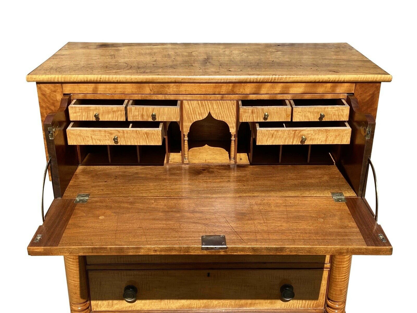 19th C Antique Pennsylvania Federal Cherry & Tiger Maple Butlers Desk / Chest