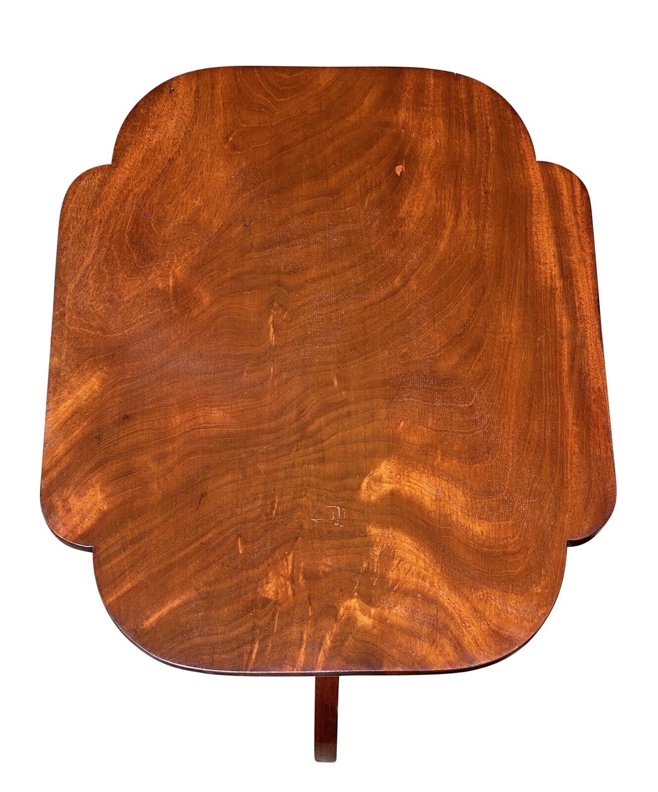 19th C Antique Boston Mahogany Tilt Top Candlestand W/ Scalloped Top