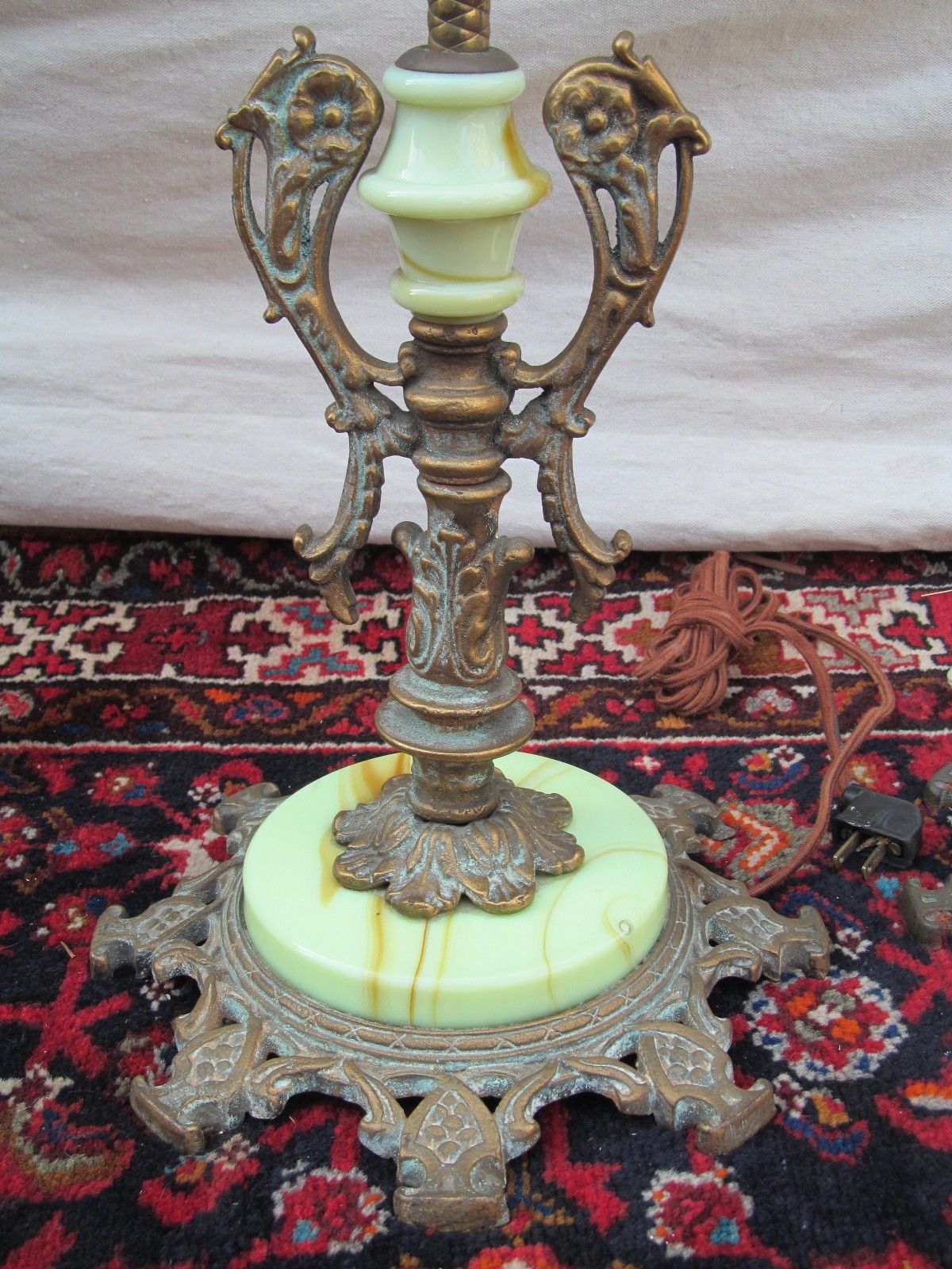 PAIR OF ART NOUVEAU GREEN SLAG GLASS ANTIQUE BRIDGE LAMPS