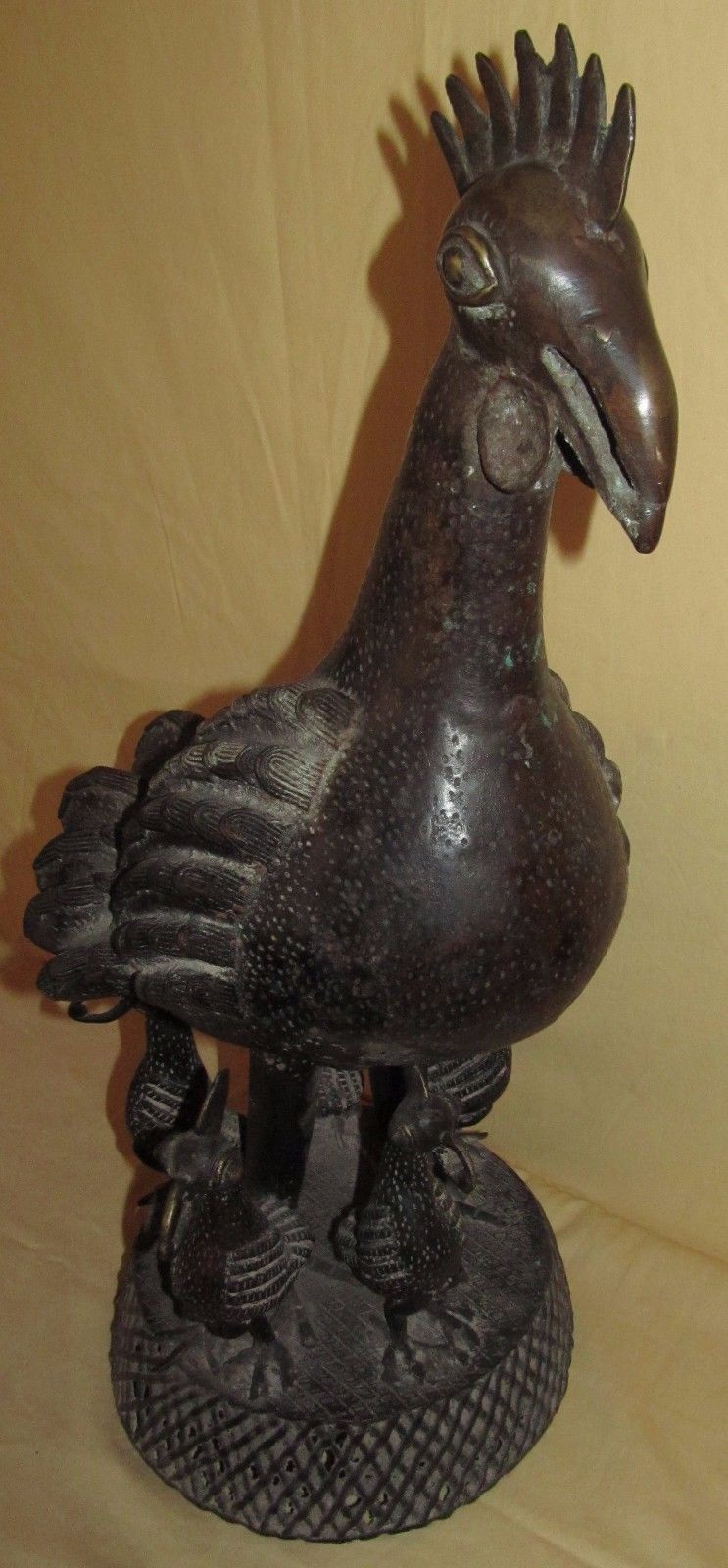 BENIN AFRICAN MIXED METAL STATUE DEPICTING ROOSTER WITH 5 CHICKS