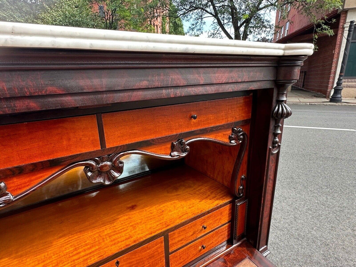 Antique Biedermeier Mahogany & Satinwood Secretary Abattant Desk With Marble Top