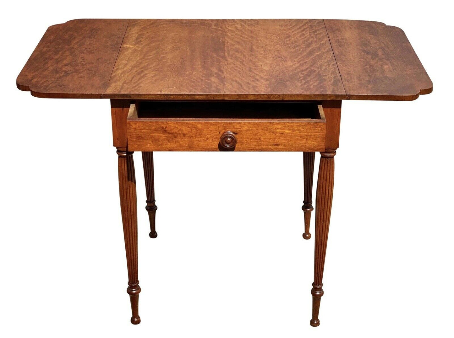 19TH C ANTIQUE FEDERAL PERIOD CURLY CHERRY DROP LEAF WORK TABLE / NIGHTSTAND