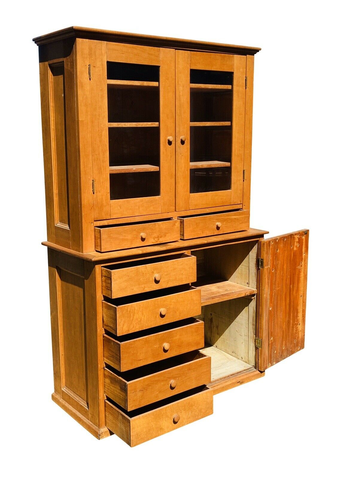 19TH C COUNTRY PRIMITIVE ANTIQUE SHAKER MAPLE CABINET / STEP BACK CUPBOARD HUTCH