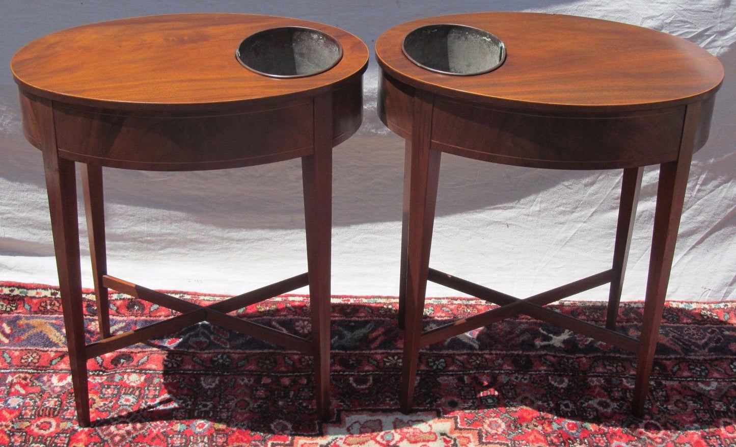 FEDERAL STYLED MAHOGANY PLANTER OVAL FORMED TABLES ON CROSS X STRETCHER BASES