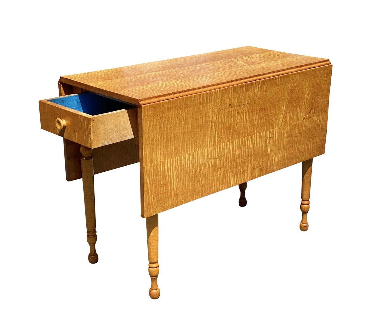 Vintage Federal Style Tiger Maple Dropleaf Dining Table With Rare Single Drawer