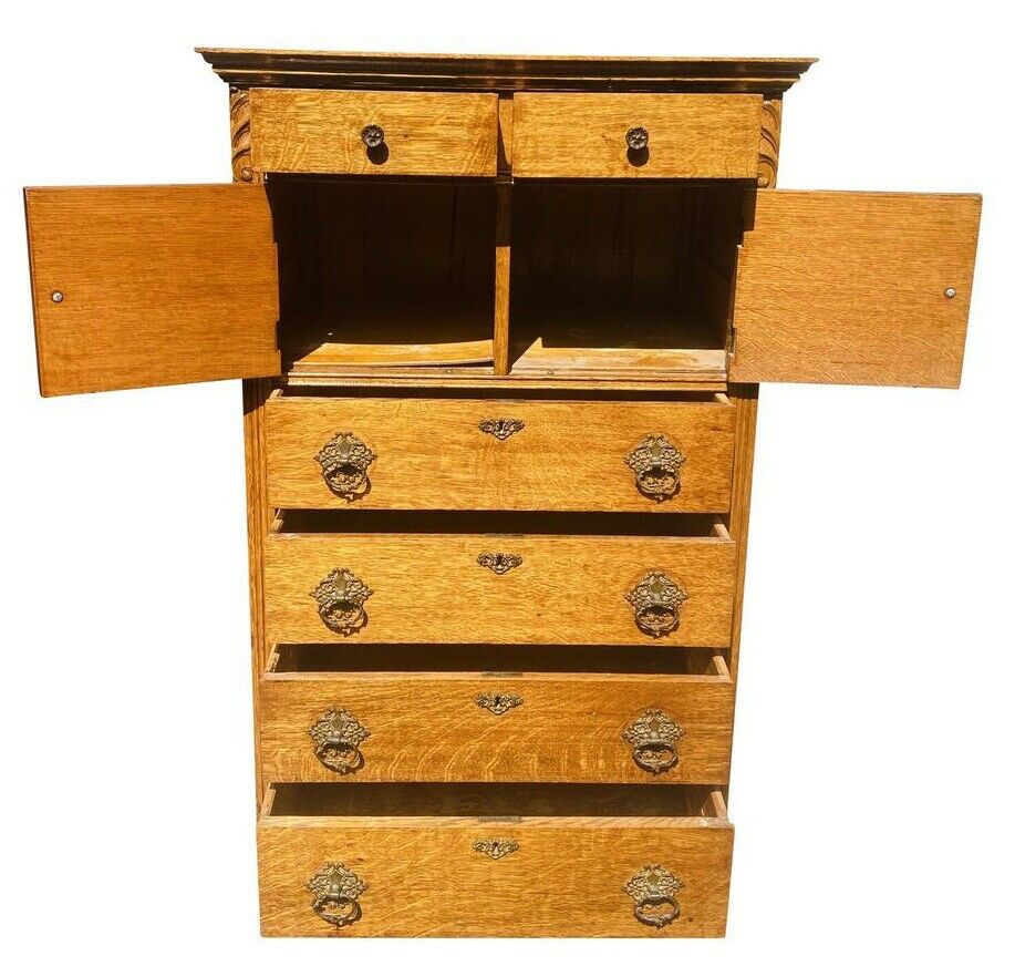 19TH C ANTIQUE VICTORIAN TIGER OAK HAT BOX DRESSER / TALL CHEST