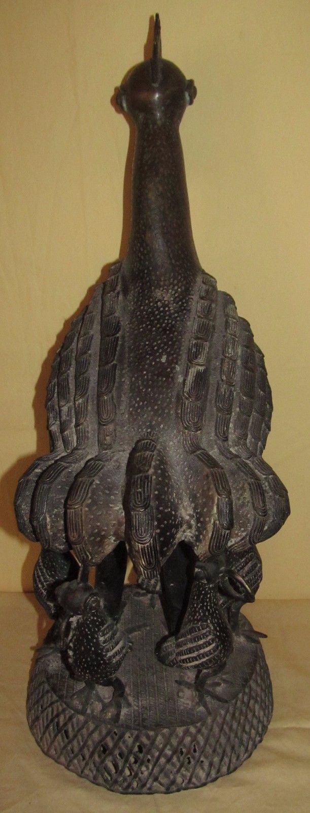 BENIN AFRICAN MIXED METAL STATUE DEPICTING ROOSTER WITH 5 CHICKS