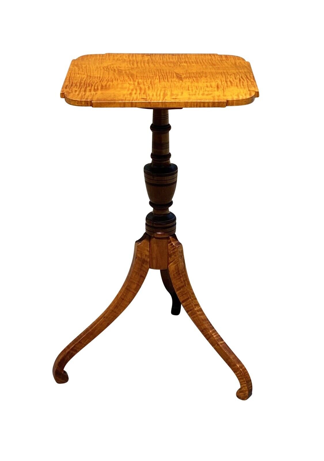 19th C Antique Federal Period Tiger Maple Candlestand / End Table - Curly Maple