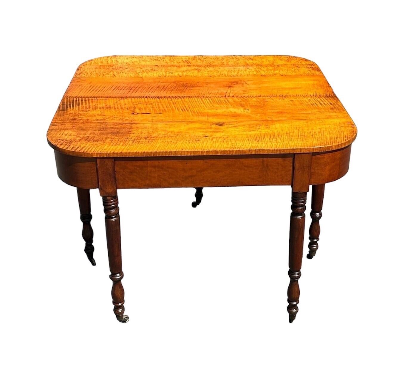Early 19th Century Antique Federal Tiger Maple & Cherry Dropleaf Bakers Table