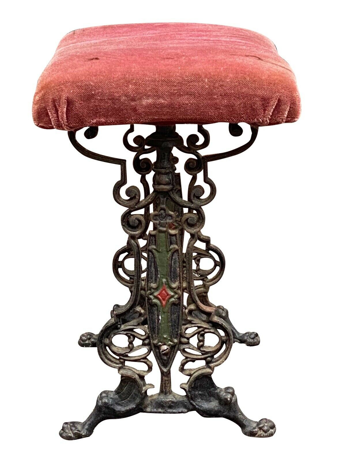 19th C Antique Victorian Cast Iron Window / Vanity Bench W/ Velvet Seat