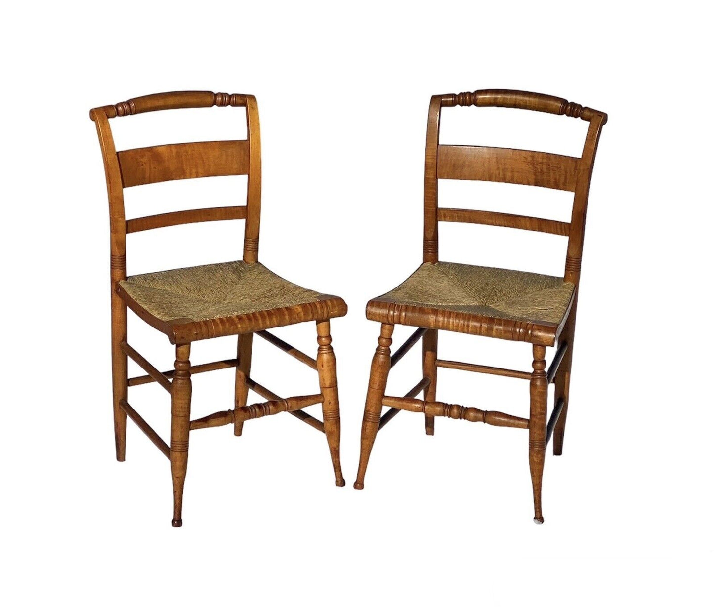 Antique Pair of Tiger Maple Side Chairs with Rush Seats