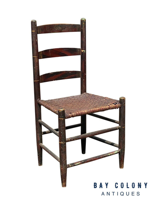 Antique New England Sheraton Black & Red Fancy Paint Chair With Splint Seat