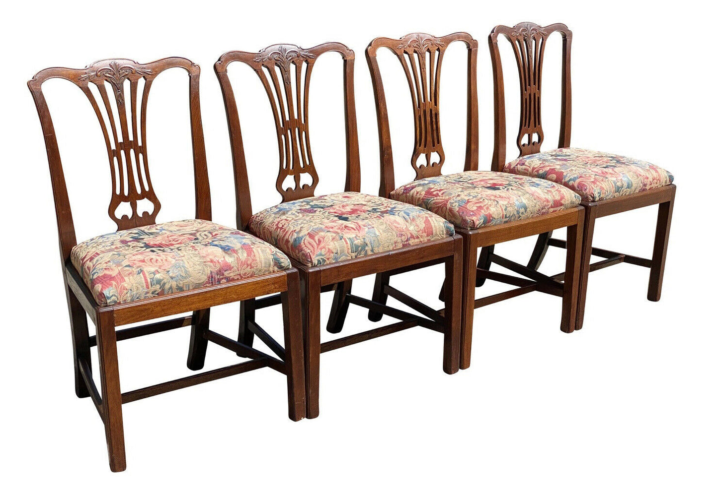 19TH C SET OF 8 ANTIQUE MAHOGANY CHIPPENDALE DINING CHAIRS W/ FLORAL SEATS