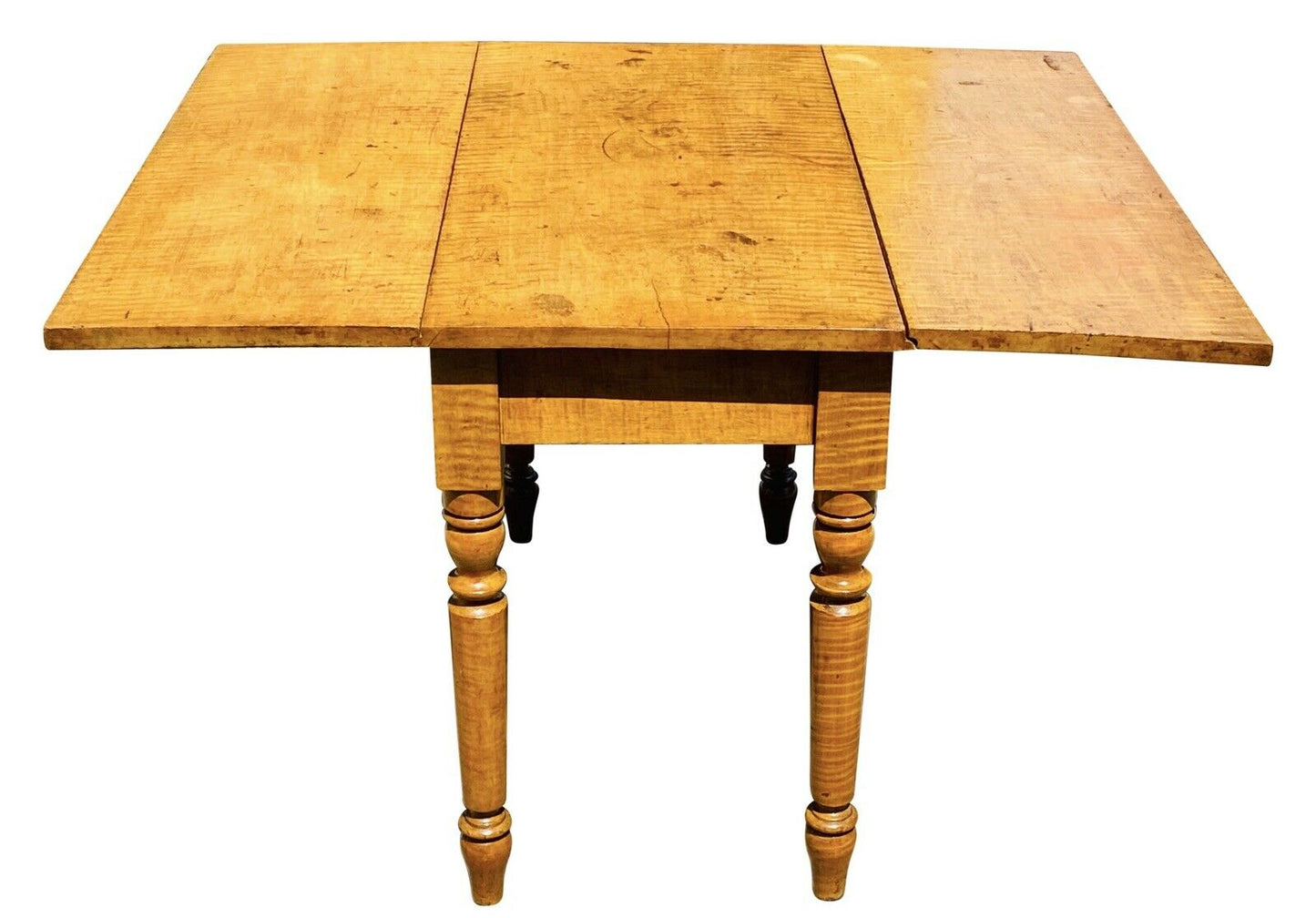 19TH C ANTIQUE COUNTRY PRIMITIVE TIGER MAPLE DROP LEAF DINING TABLE