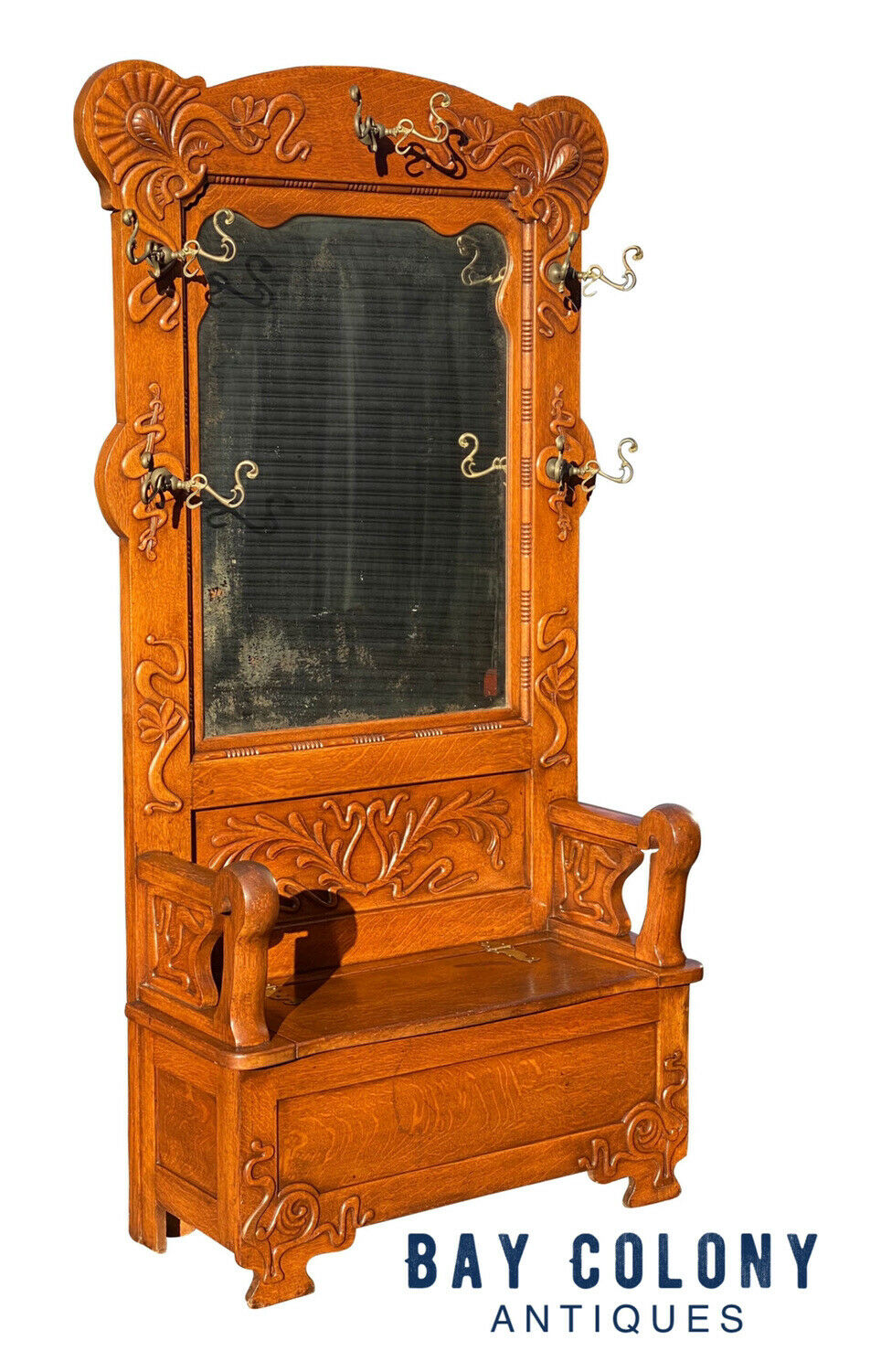 19TH C ANTIQUE VICTORIAN TIGER OAK MIRRORED HALL TREE LIFT TOP