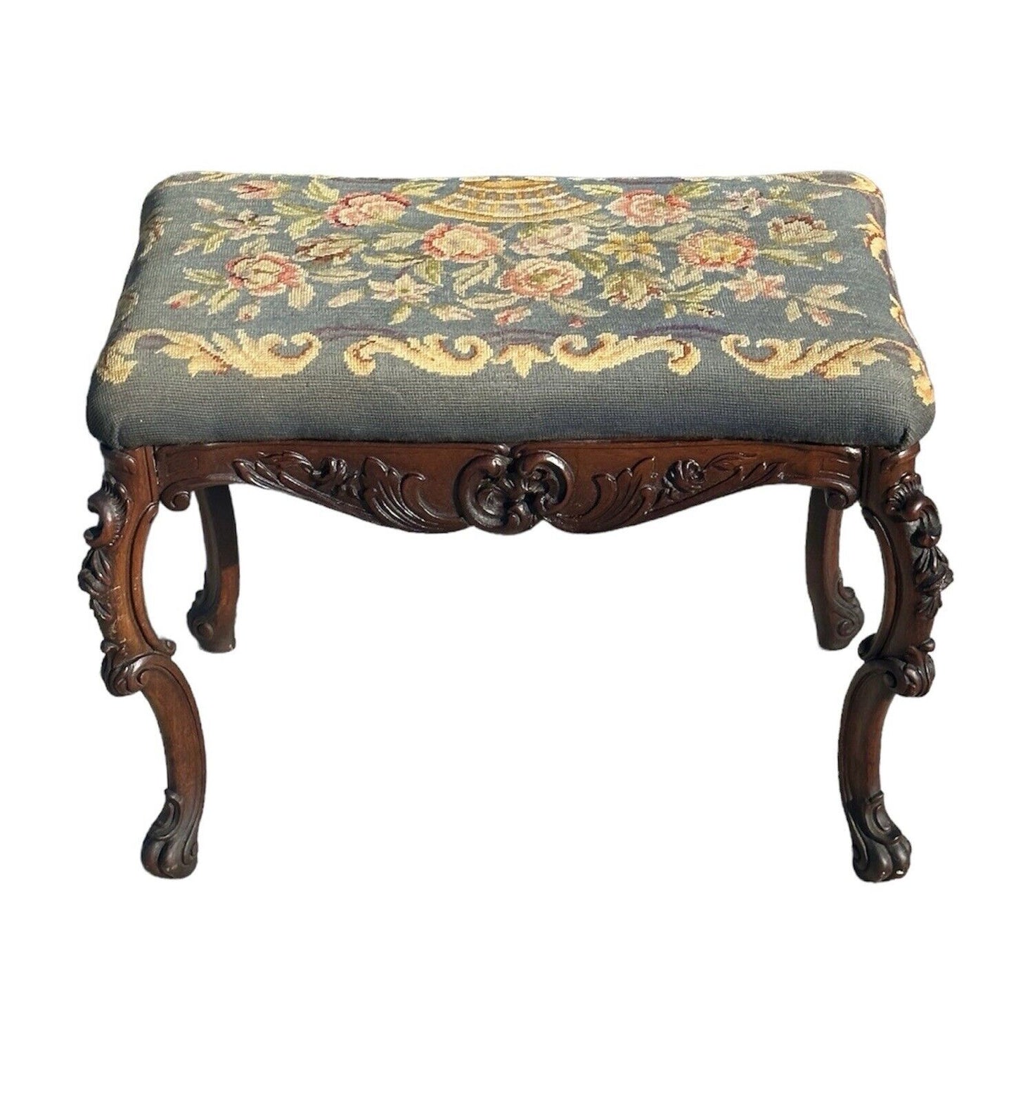 Antique French Louis XV Style Walnut Vanity Bench With Needlepoint Floral Basket