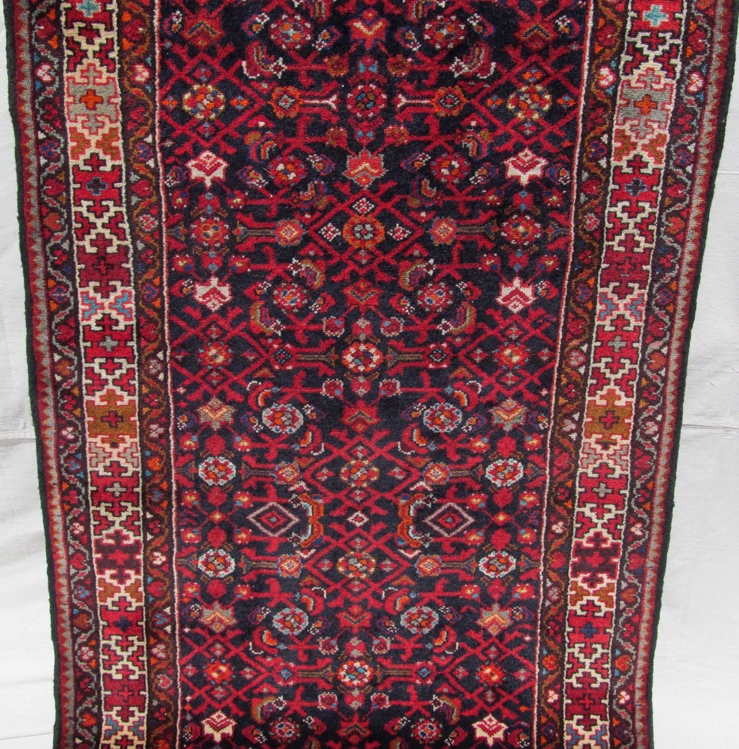 FINE SEMI ANTIQUE PERSIAN MAHAL RUNNER WITH INDIGO BLUE BACKGROUND 10' x 3'5"