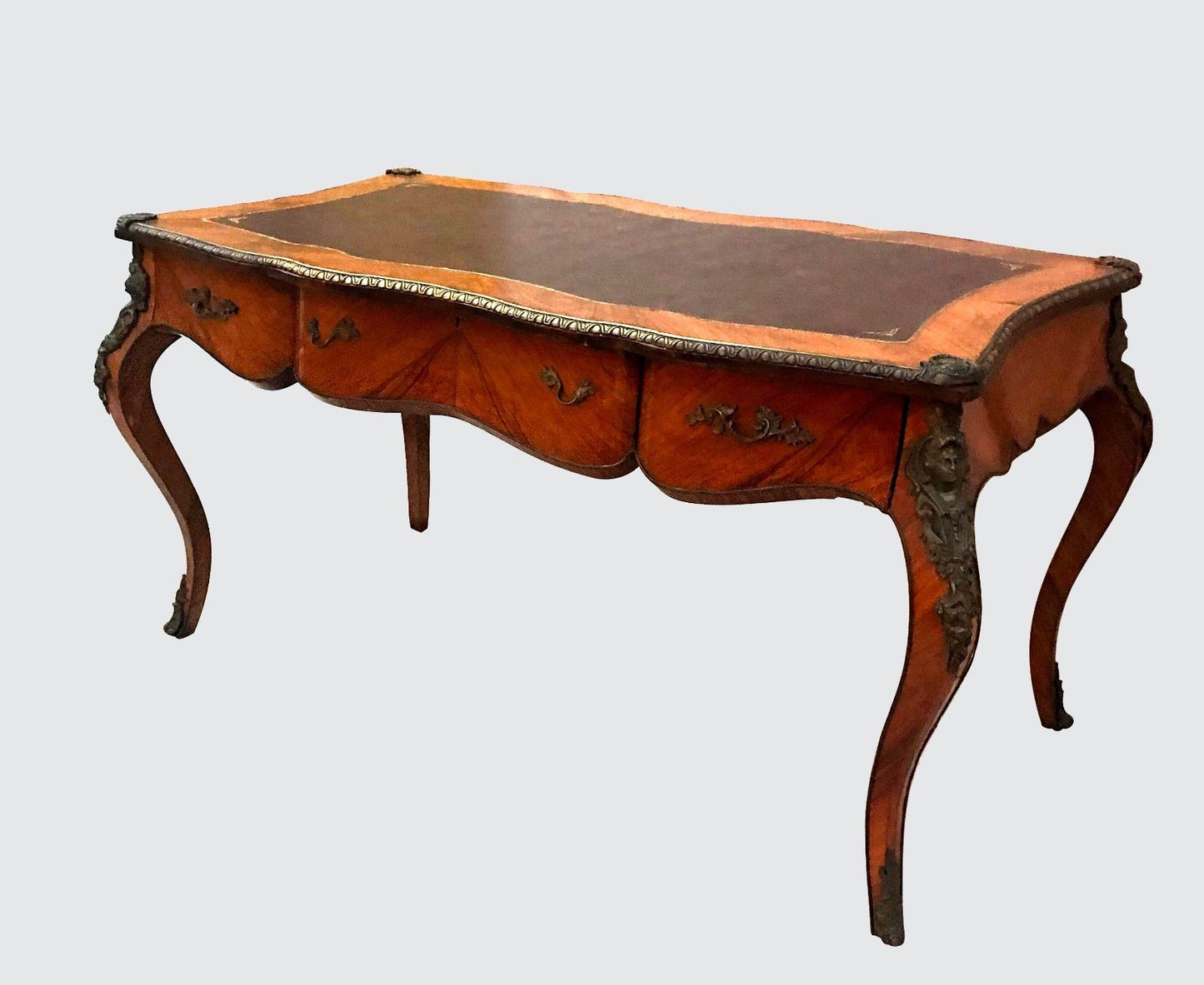 FRENCH LOUIS XV STYLED BUREAU PLAT LEATHER TOPPED WRITING DESK